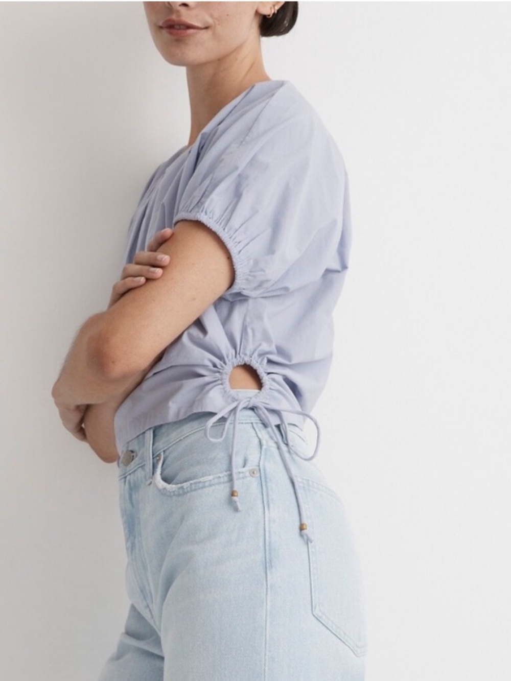 Madewell Light Lavender Short-Sleeve Poplin Top with Side Tie Cutout - Picture 2 of 9